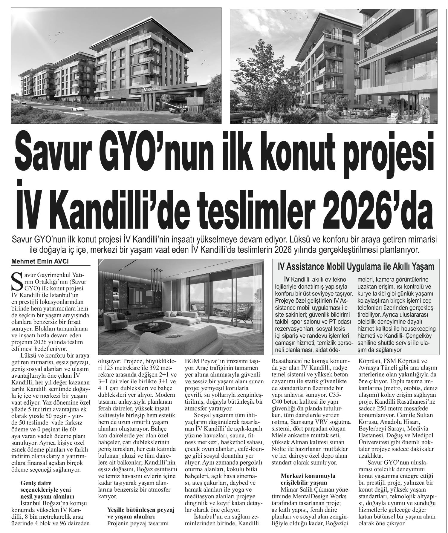 Savur GYO’nun ilk konut projesi İV Kandilli’de teslimler 2026’da