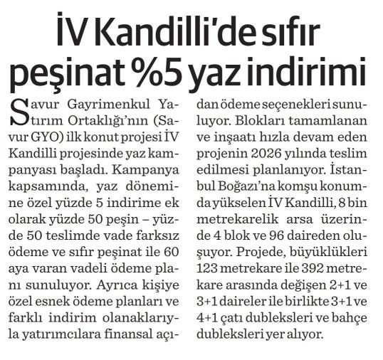 iV Kandilli'de sıfır peşinat %5 yaz indirimi