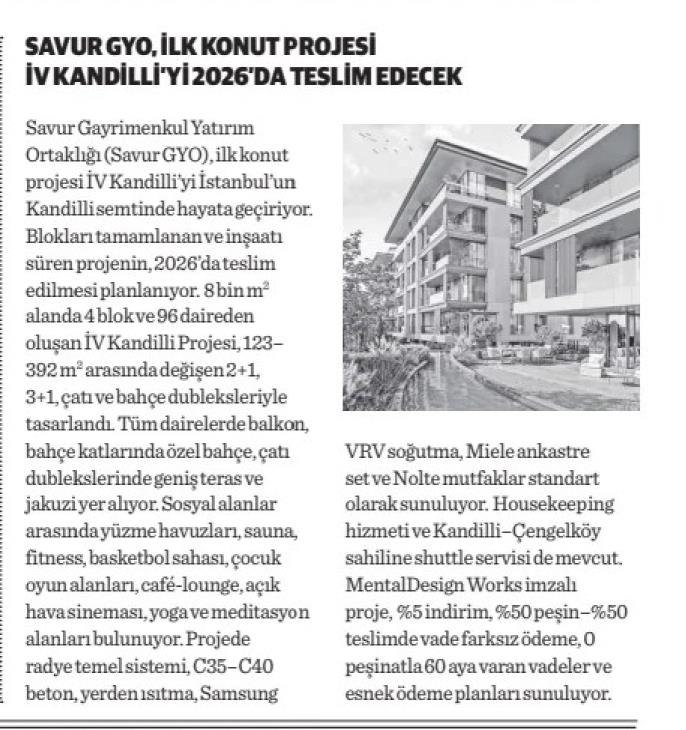 SAVUR GYO, İLK KONUT PROJESİ İV KANDİLLİ’Yİ 2026’DA TESLİM EDECEK
