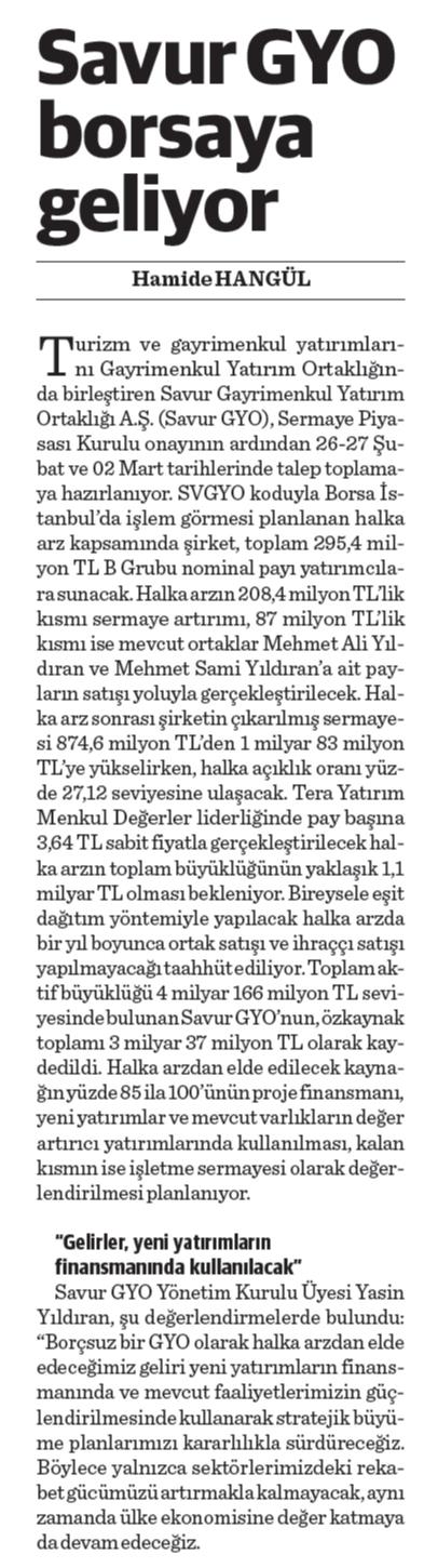 Savur GYO borsaya geliyor