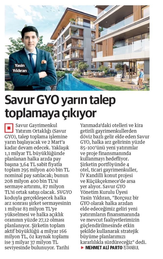 Savur GYO yarın talep toplamaya çıkıyor